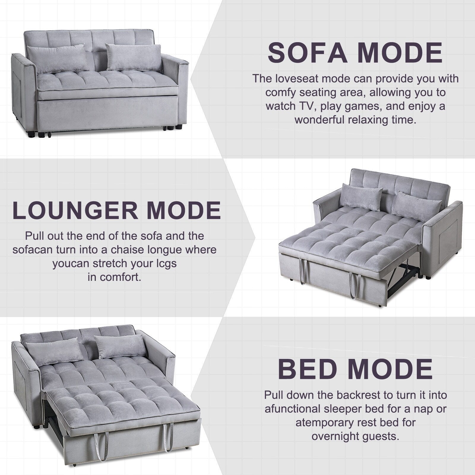 Modern Pull-Out Couch Bed, 3-in-1 Sleeper Sofa with Adjustable Backrest, Velvet Loveseat, Pillows & Side Pockets