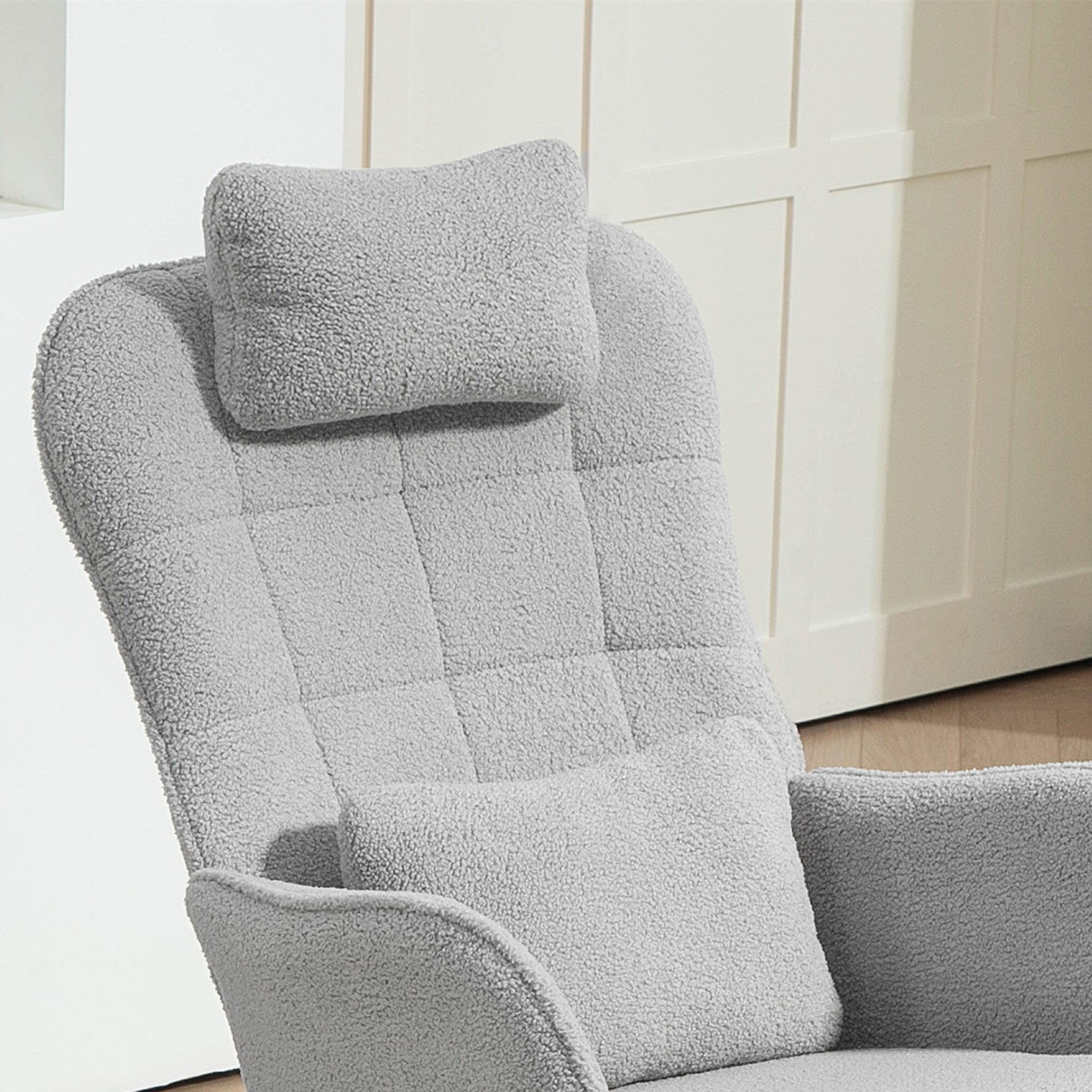 Modern Upholstered Rocking Nursery Glider Chair with High Backrest, Headrest and Lumbar Pillow for Living Room or Bedroom