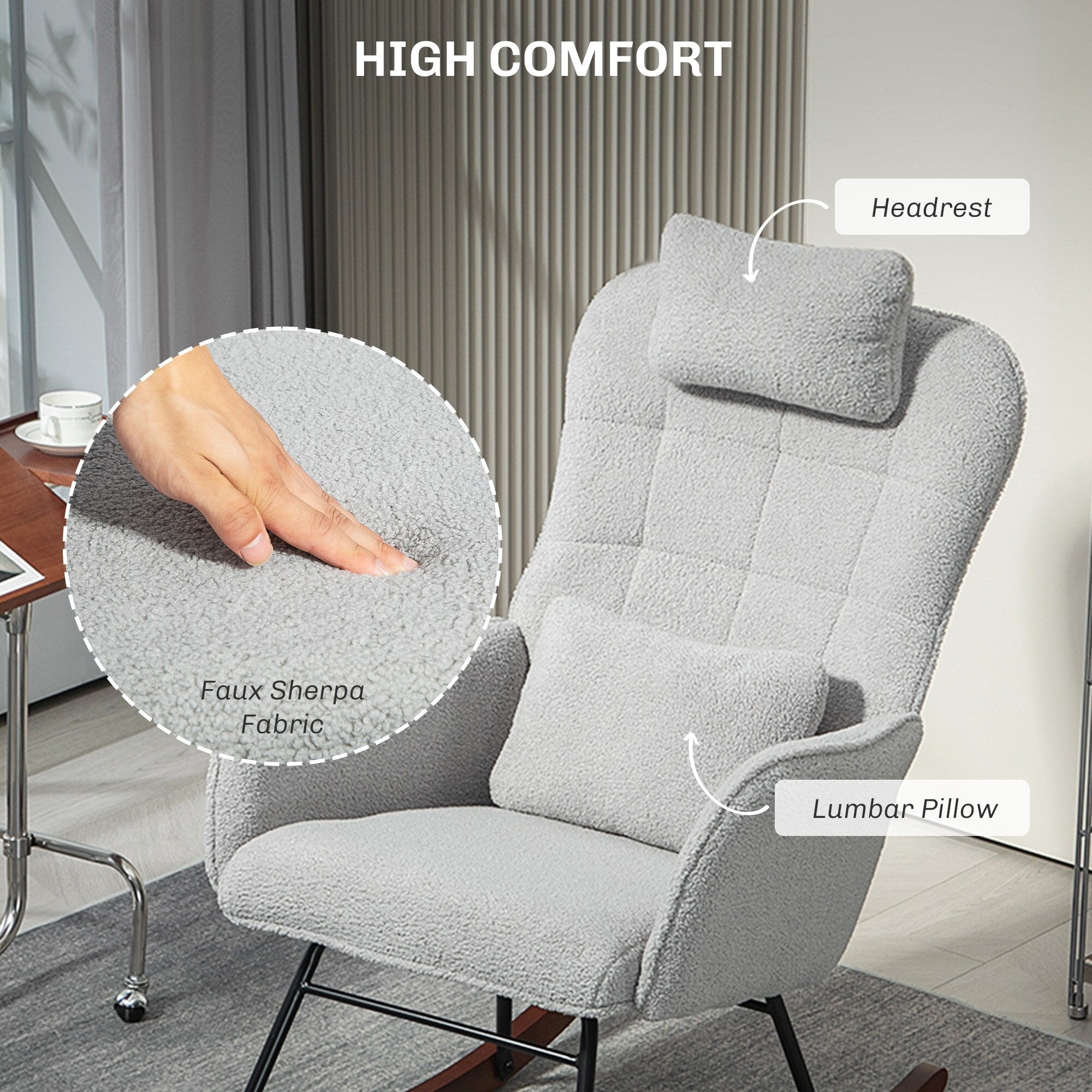 Modern Upholstered Rocking Nursery Glider Chair with High Backrest, Headrest and Lumbar Pillow for Living Room or Bedroom