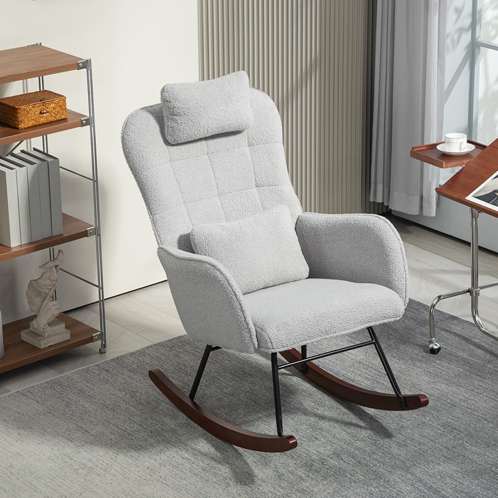 Modern Upholstered Rocking Nursery Glider Chair with High Backrest, Headrest and Lumbar Pillow for Living Room or Bedroom