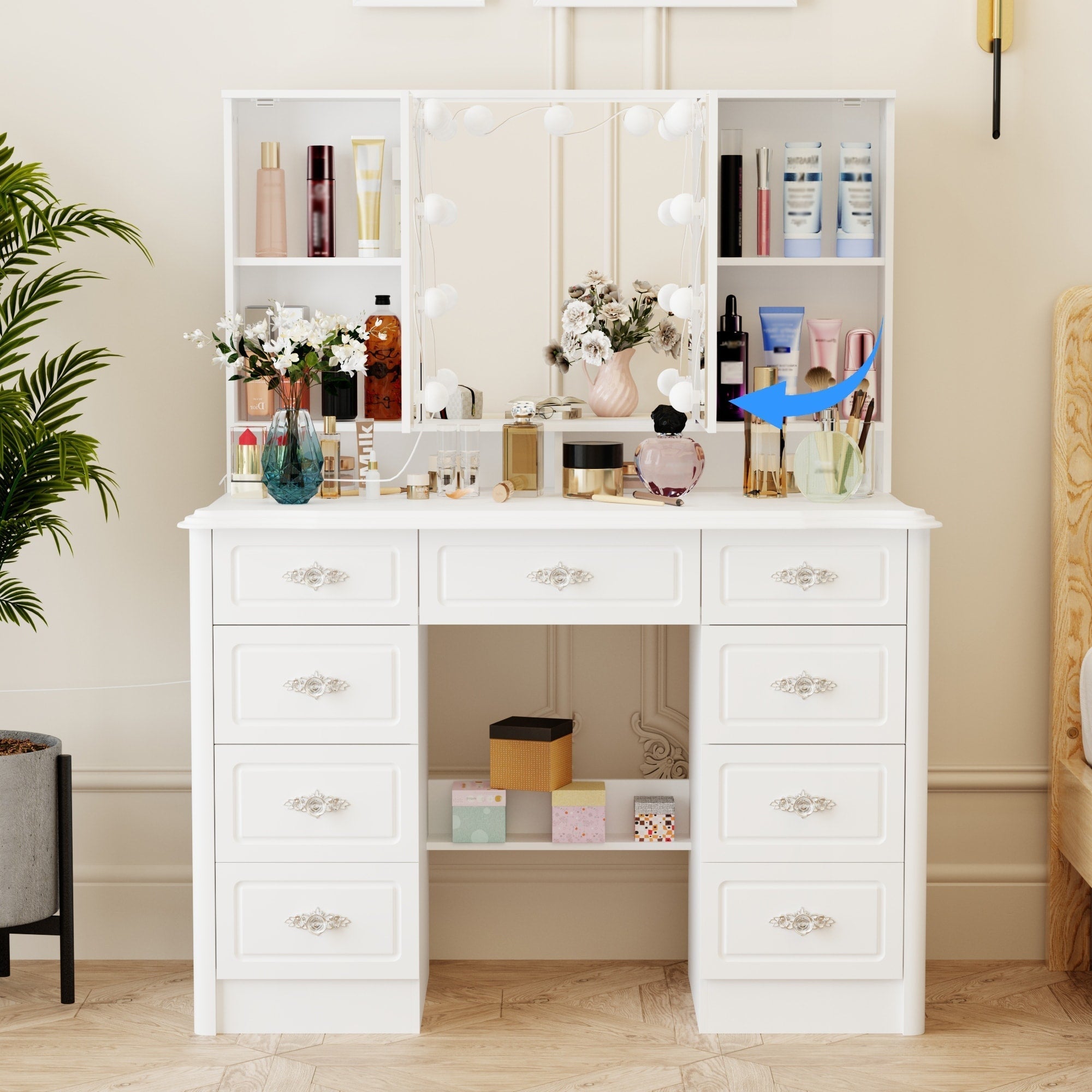 Modern White Makeup Vanity Fold Mirror Adjustable Lighting Dressing - 40.2x54.1