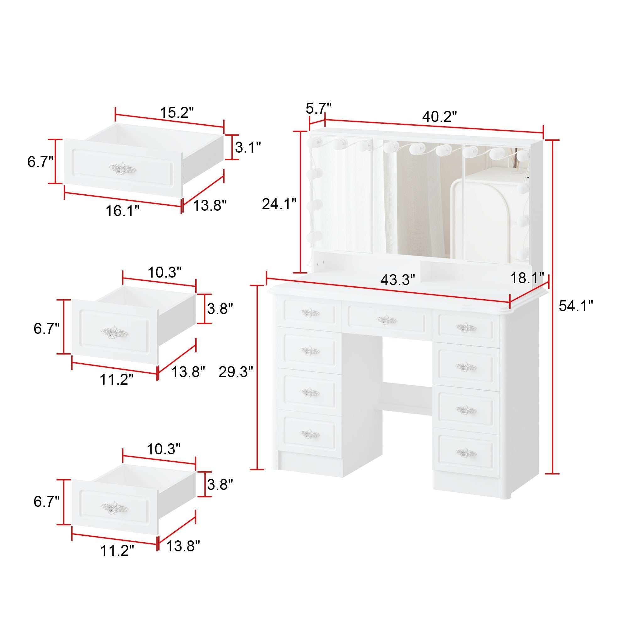 Modern White Makeup Vanity Fold Mirror Adjustable Lighting Dressing - 40.2x54.1