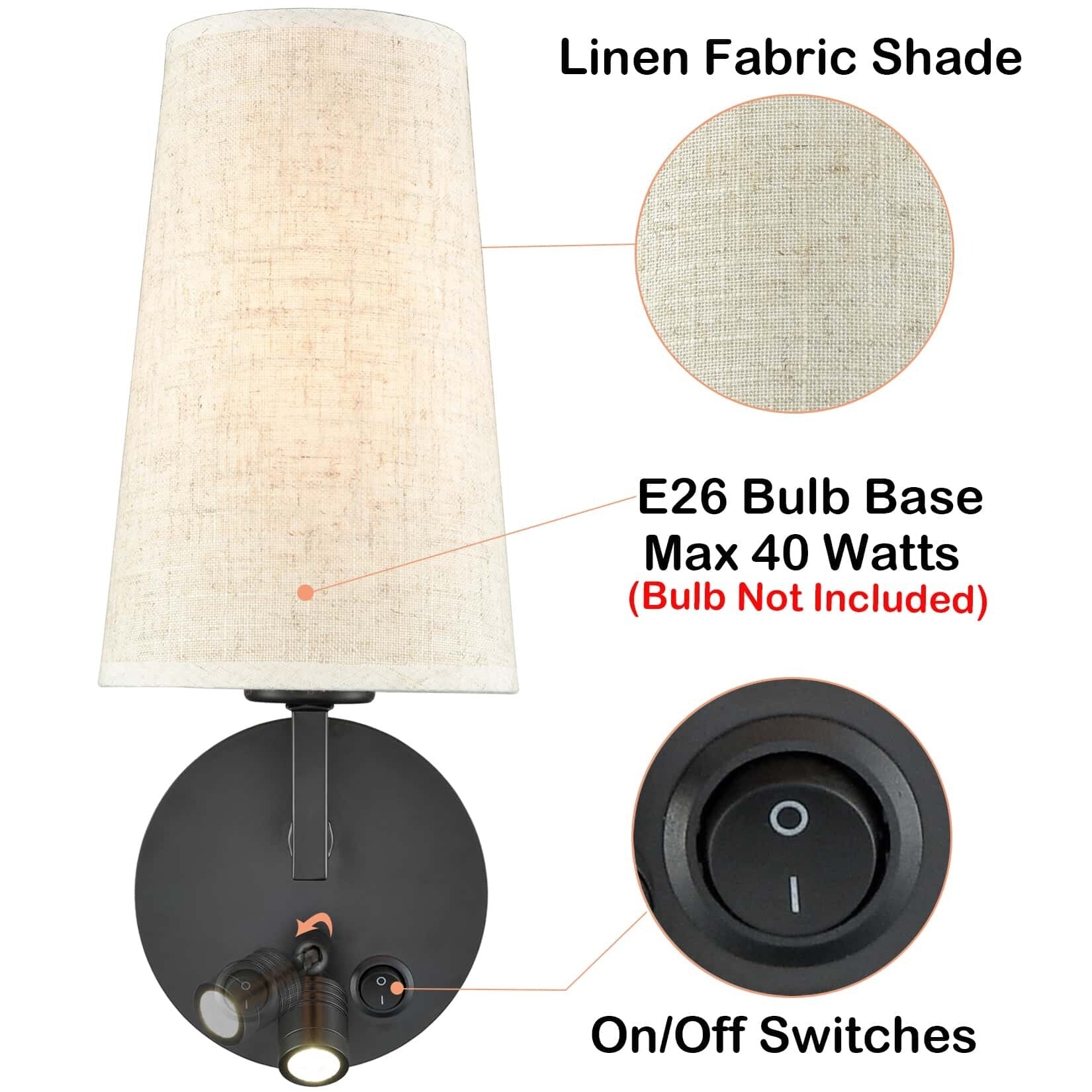 Morbihan Wall Sconce Set of 2 Fabric Wall Lamp with USB Port and Switch