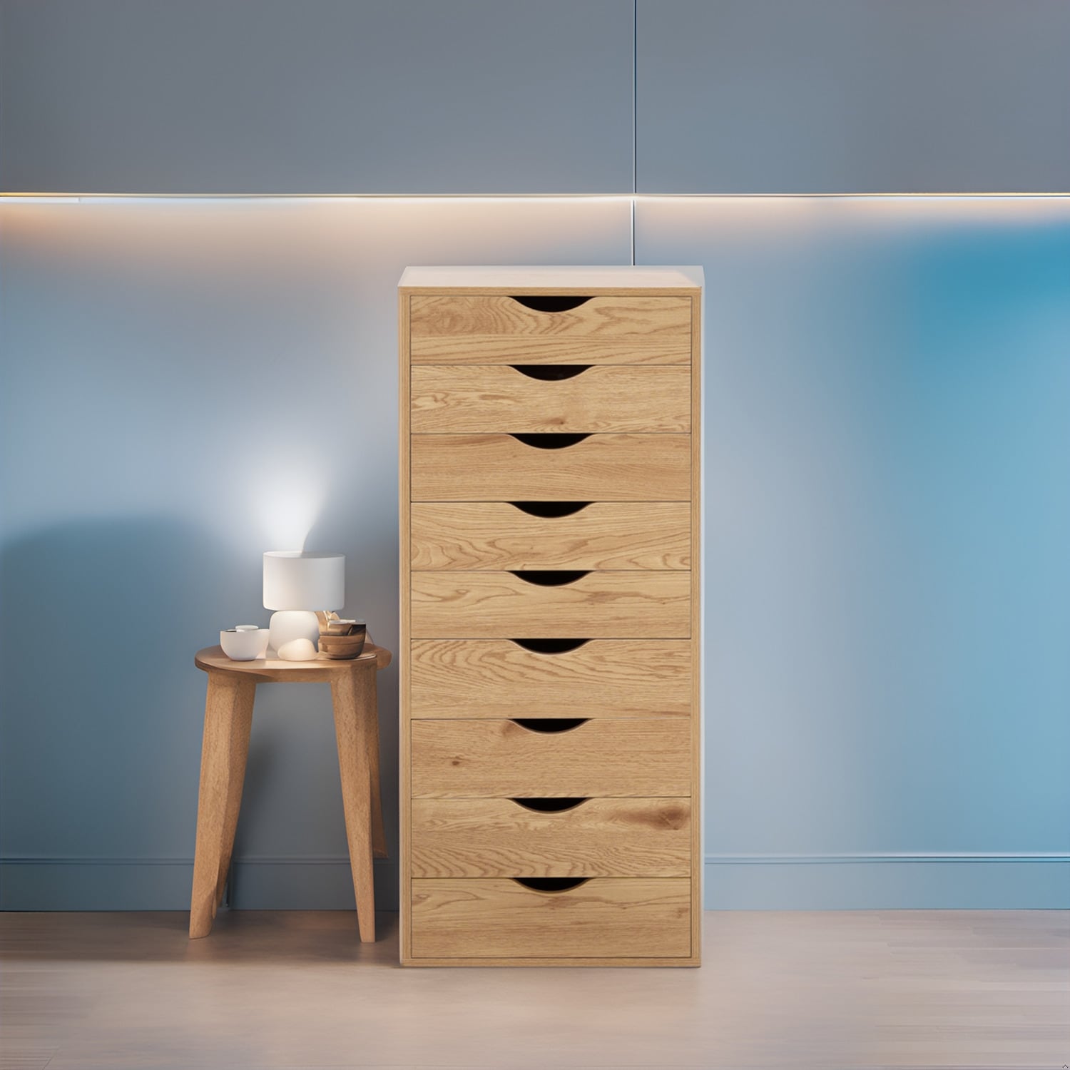 Narrow Wooden 9-Drawer Cabinet with Smooth-Glide Drawers and Top Storage Shelf