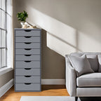 Narrow Wooden 9-Drawer Cabinet with Smooth-Glide Drawers and Top Storage Shelf