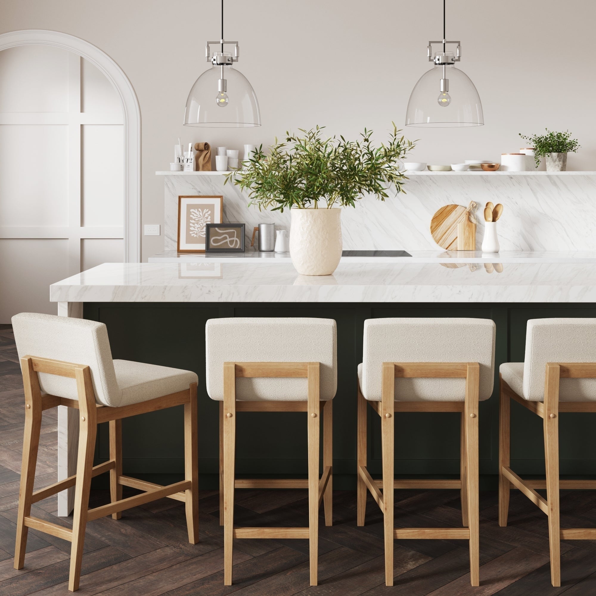 Gracie Modern Bar Stool, Boucle Upholstered Chair and Brushed Wooden Legs