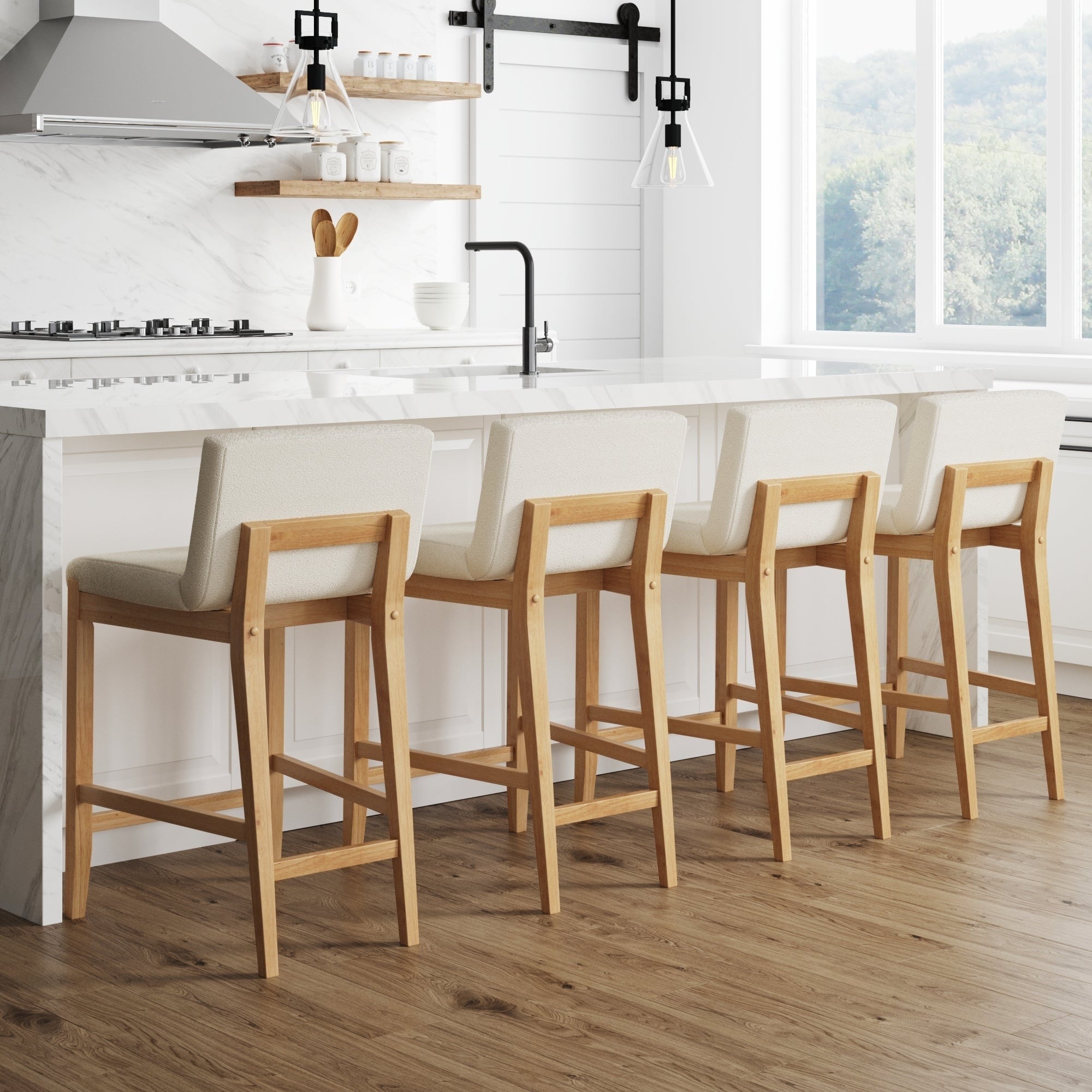 Gracie Modern Bar Stool, Boucle Upholstered Chair and Brushed Wooden Legs