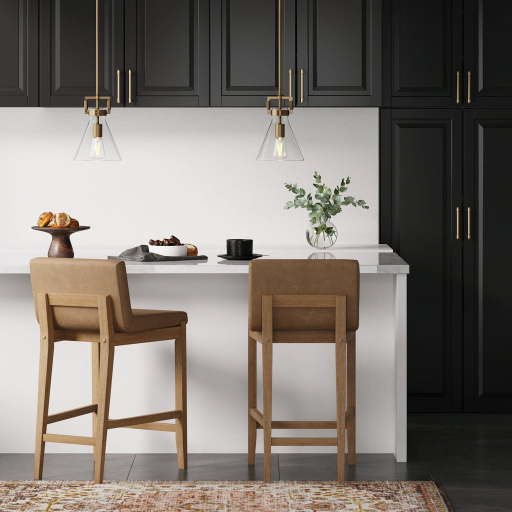 Gracie Modern Bar Stool, Boucle Upholstered Chair and Brushed Wooden Legs