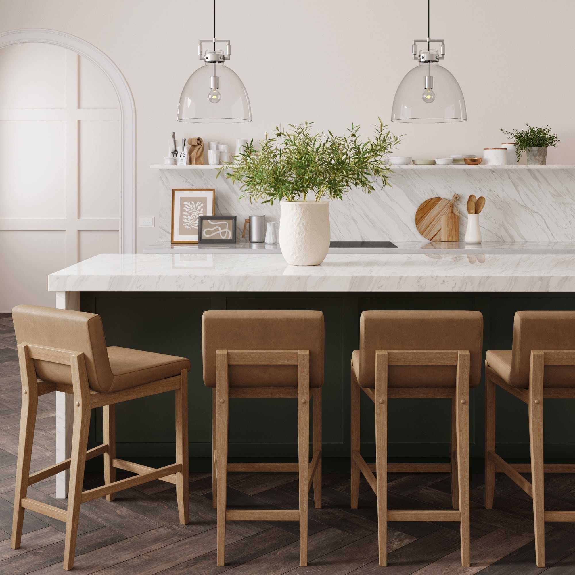 Gracie Modern Bar Stool, Boucle Upholstered Chair and Brushed Wooden Legs