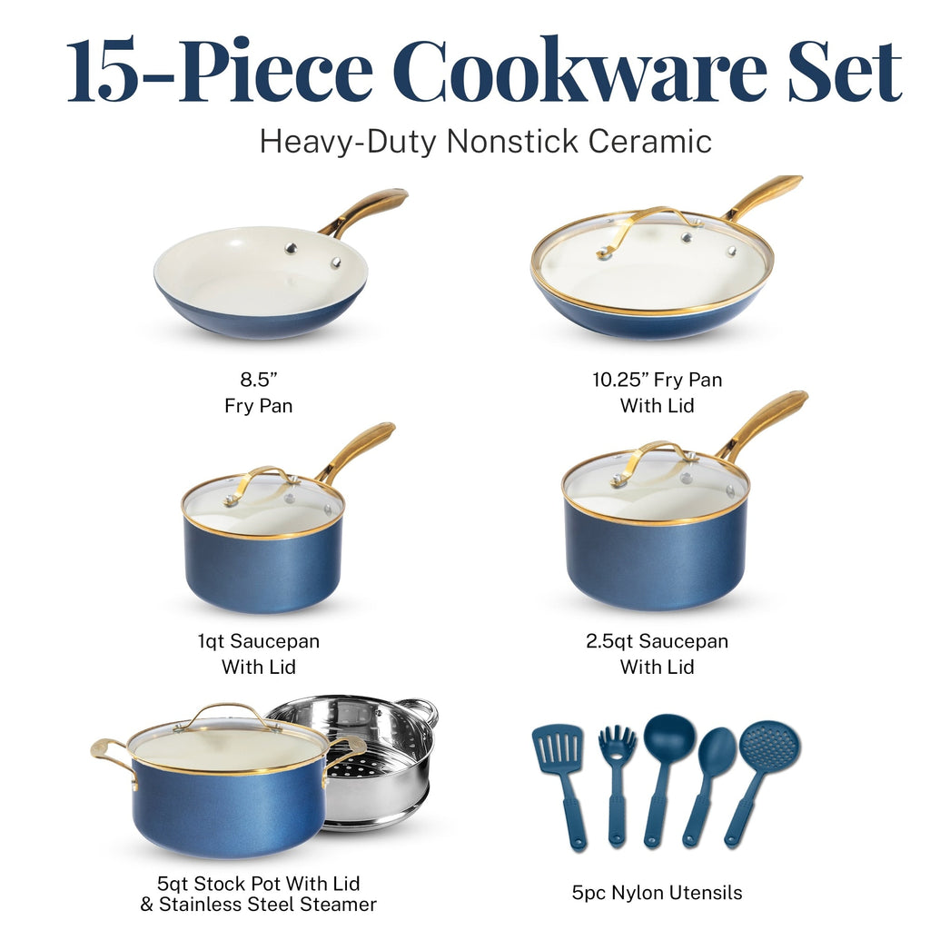 Gotham Steel Natural Collection Pots and Pans 15 Pc Ultra Performance Ceramic Nonstick Cookware Set in Navy