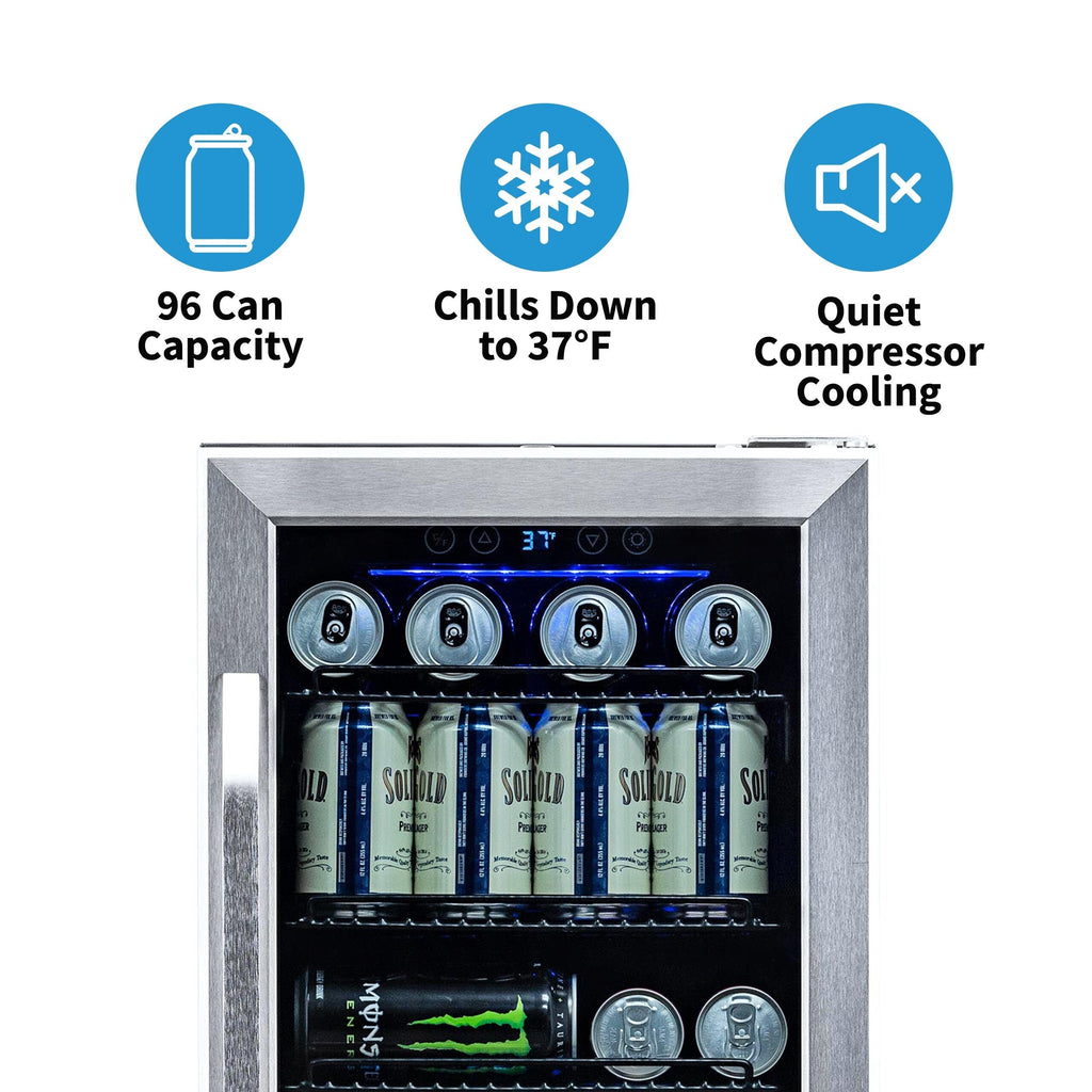 Newair 15 in. Built-in 96 Can Beverage Fridge in Stainless Steel with Temperature Controls and Adjustable Shelves