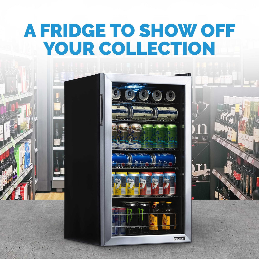 Newair 126-Can Capacity Beverage Refrigerator, Mini Fridge with Glass Door and Adjustable Shelves, Stainless Steel