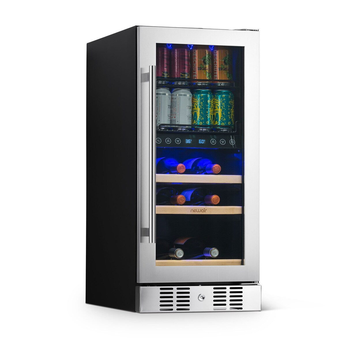 NewAir SplitShelf Built-In Wine & Beverage Cooler for 9-Bottle Wine & 48 Can Cellar Fridge Refrigerator in Stainless Steel