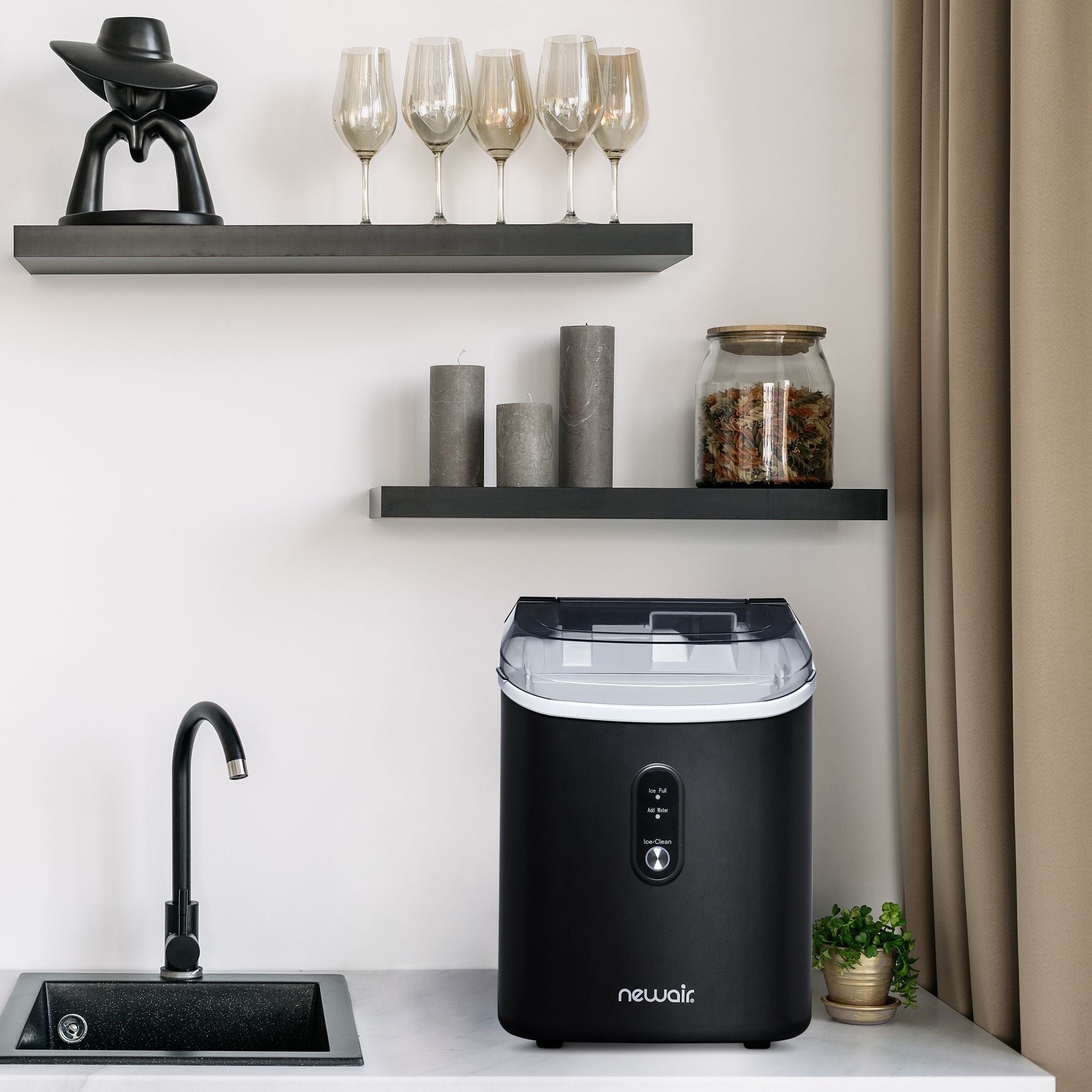 Newair 26 lbs. Countertop Nugget Ice Maker in Matte Black, Ice Viewing Window, Self-Cleaning Button, Easy-Pour Waterspout