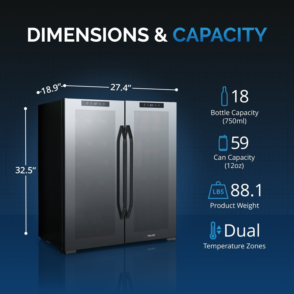 Newair Wine and Beverage Refrigerator, 18 Bottles & 59 Cans, Dual Temperature Zones, Freestanding, Digital Temperature Control
