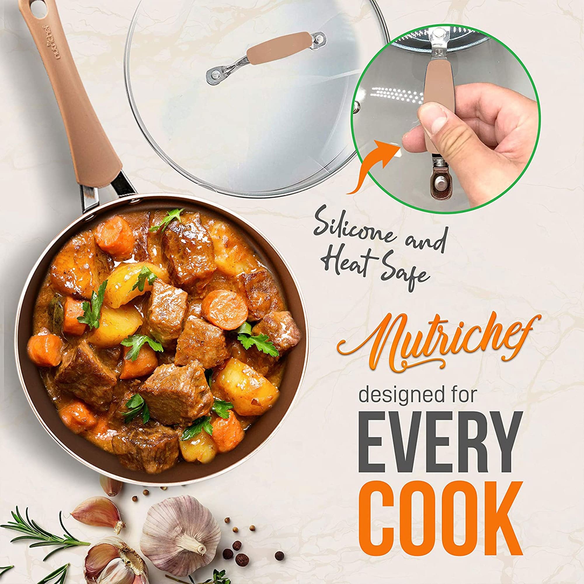 NutriChef Nonstick Cooking Kitchen Cookware Pots and Pans, 20 Piece Set, Bronze - 13 x 6.30 x 3.15 inches