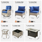 OVIOS 9 Pieces Outdoor Wicker Swivel Chair Set With Fire Table