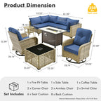 OVIOS 9 Pieces Outdoor Wicker Swivel Chair Set With Fire Table