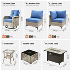 OVIOS 9 Pieces Outdoor Wicker Swivel Chair Set With Fire Table