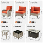 OVIOS 9 Pieces Outdoor Wicker Swivel Chair Set With Fire Table