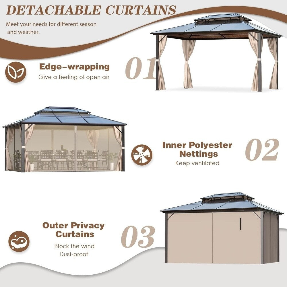 EROMMY Hardtop Gazebo,Outdoor Pergola with Double Roof & Netting & Curtains,Heavy Duty Canopy for Patio, Backyard, Pool party