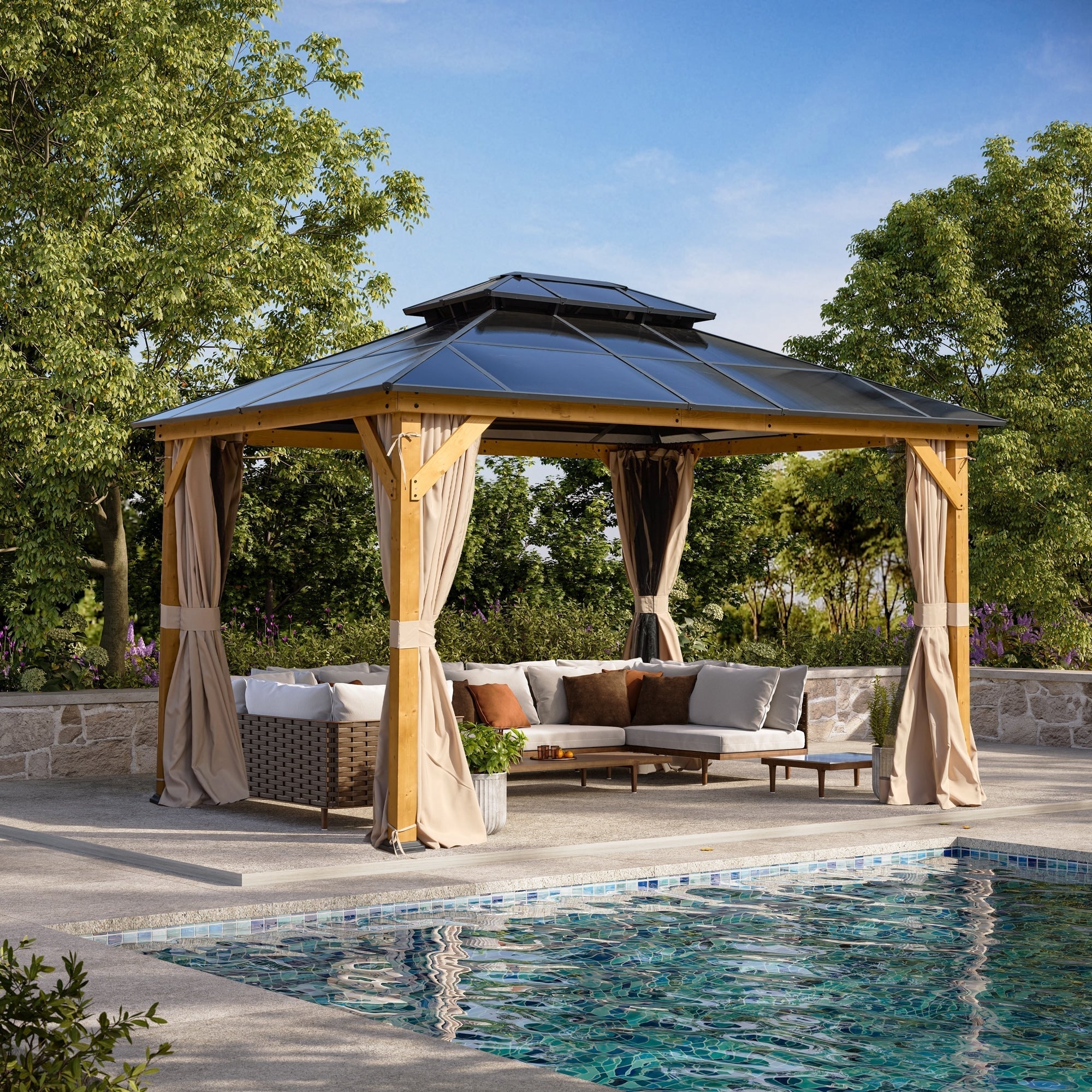 EROMMY Hardtop Gazebo,Outdoor Pergola with Double Roof & Netting & Curtains,Heavy Duty Canopy for Patio, Backyard, Pool party