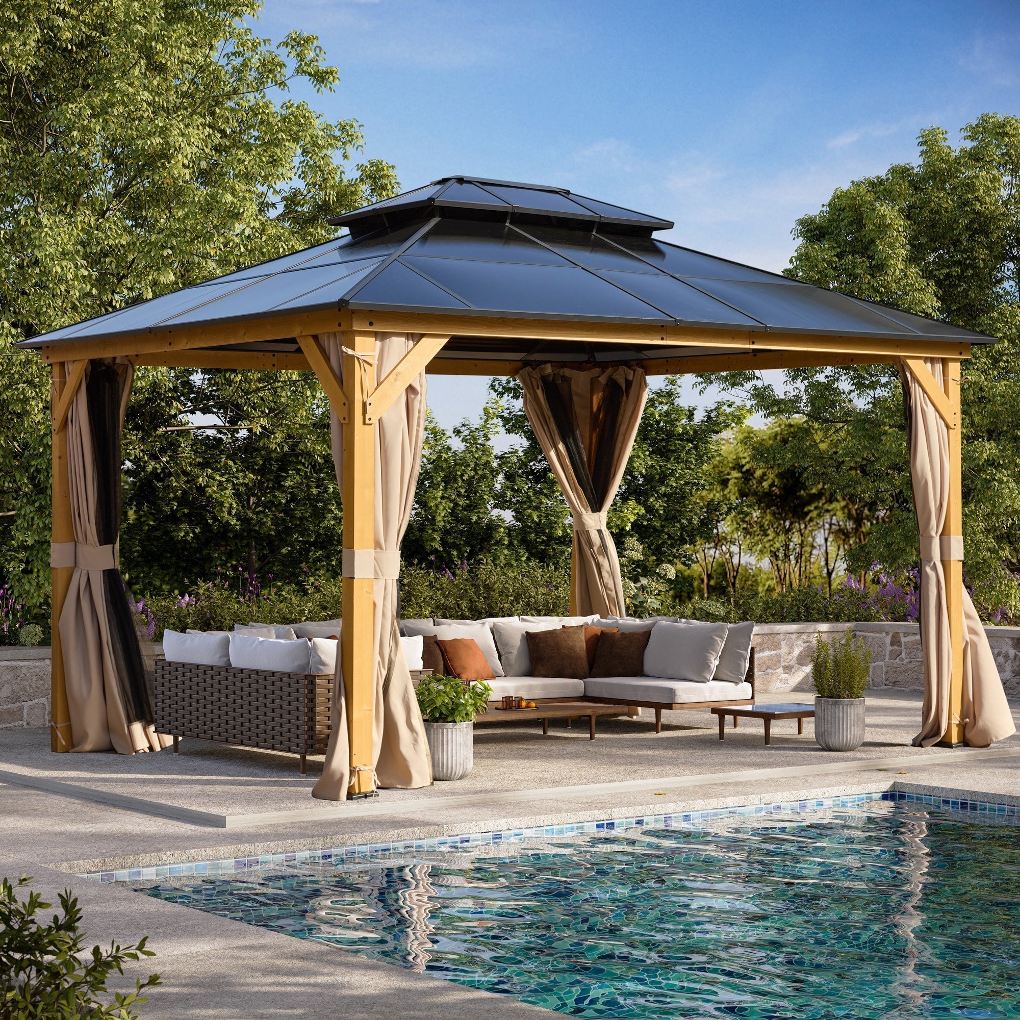 EROMMY Hardtop Gazebo,Outdoor Pergola with Double Roof & Netting & Curtains,Heavy Duty Canopy for Patio, Backyard, Pool party