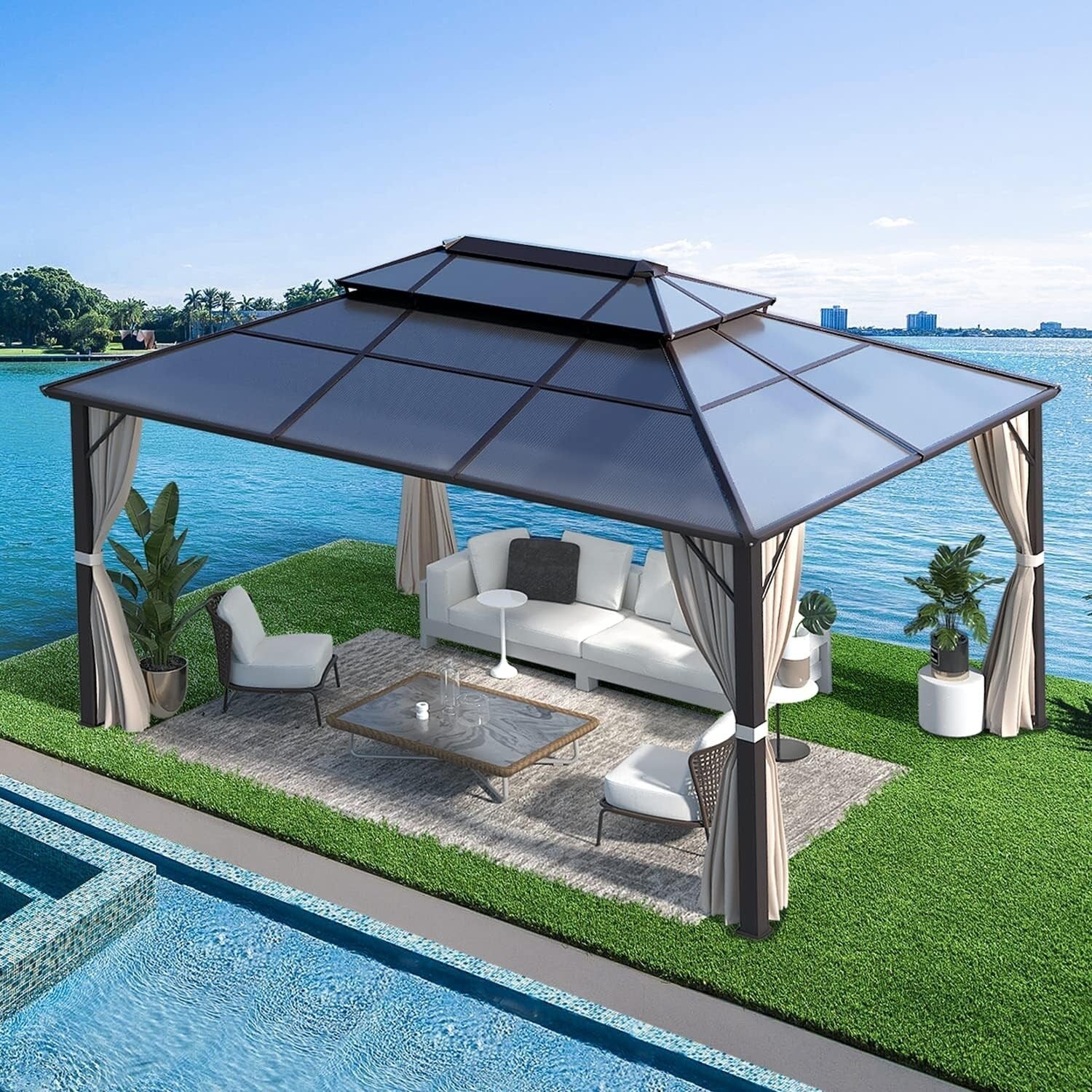 EROMMY Hardtop Gazebo,Outdoor Pergola with Double Roof & Netting & Curtains,Heavy Duty Canopy for Patio, Backyard, Pool party