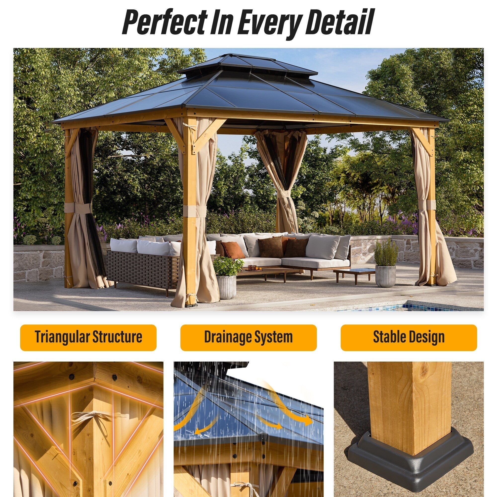 EROMMY Hardtop Gazebo,Outdoor Pergola with Double Roof & Netting & Curtains,Heavy Duty Canopy for Patio, Backyard, Pool party