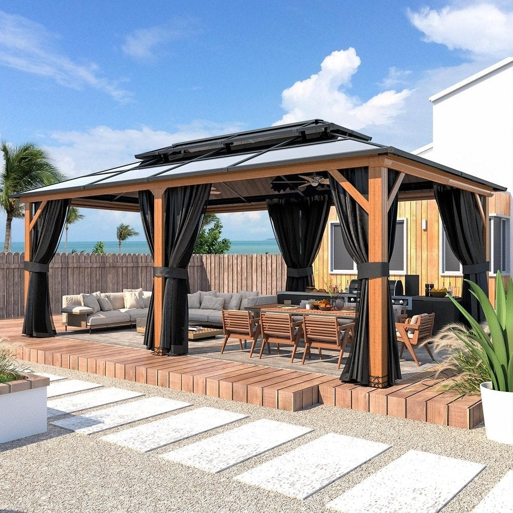 EROMMY Hardtop Gazebo,Outdoor Pergola with Double Roof & Netting & Curtains,Heavy Duty Canopy for Patio, Backyard, Pool party