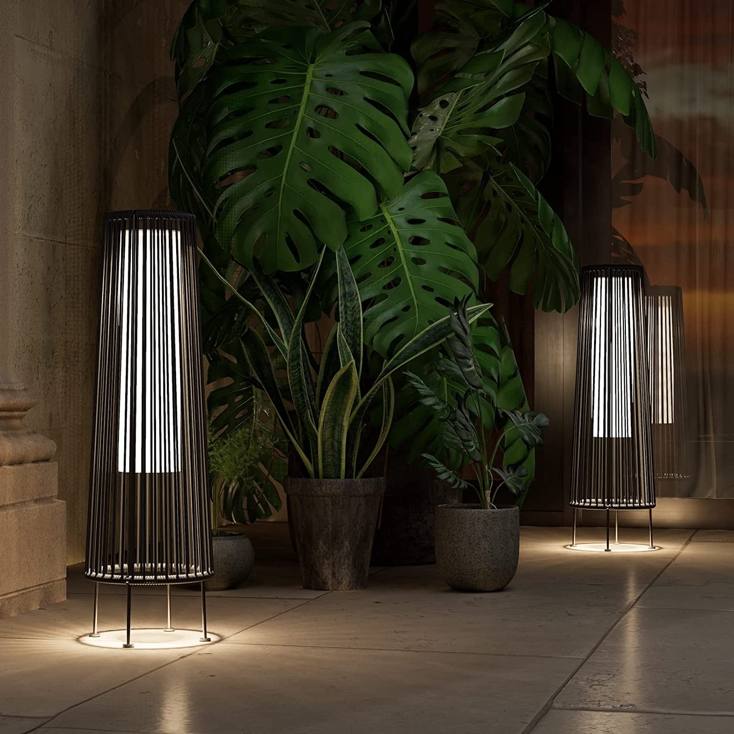 Outdoor Floor Solar Light 2-Pack, All-Weather Wicker Solar Patio Lamp Waterproof Outside Solar Deck Lamp for Porch, Yard, Garden
