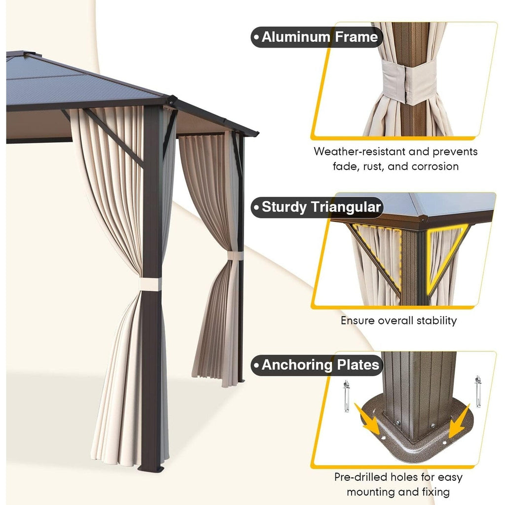 Hardtop Gazebo for Backyard – Permanent Pergola with Netting, Curtains & Double Roof, All-Weather Outdoor Shelter