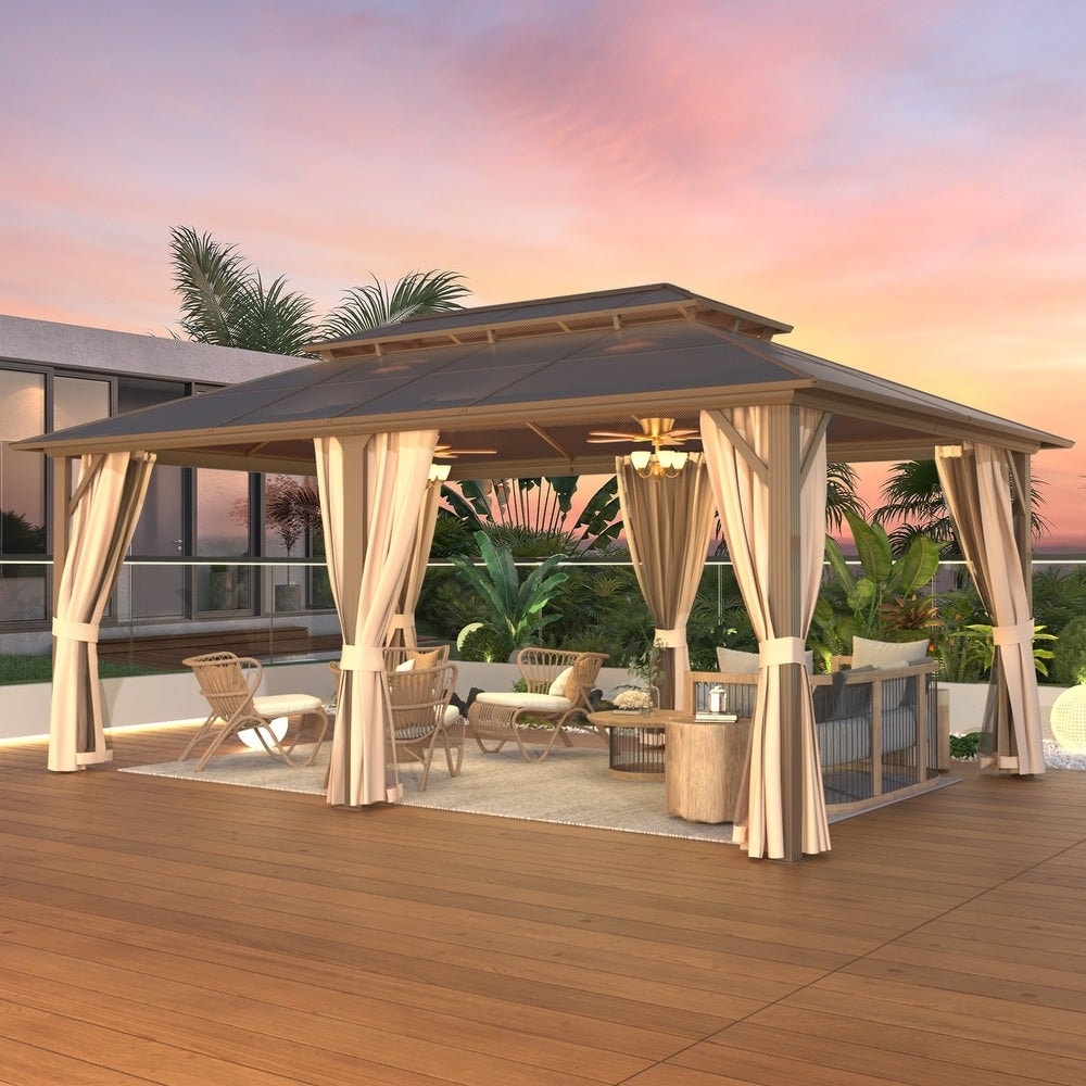 Hardtop Gazebo for Backyard – Permanent Pergola with Netting, Curtains & Double Roof, All-Weather Outdoor Shelter