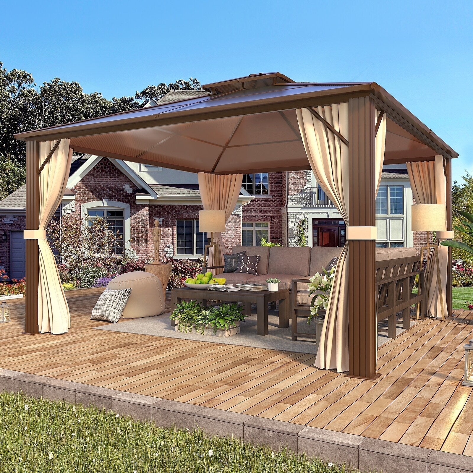 Hardtop Gazebo for Backyard – Permanent Pergola with Netting, Curtains & Double Roof, All-Weather Outdoor Shelter