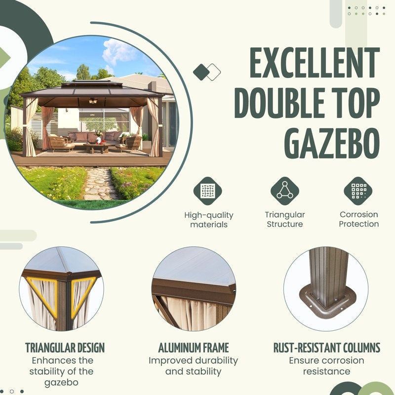 Hardtop Gazebo for Backyard – Permanent Pergola with Netting, Curtains & Double Roof, All-Weather Outdoor Shelter