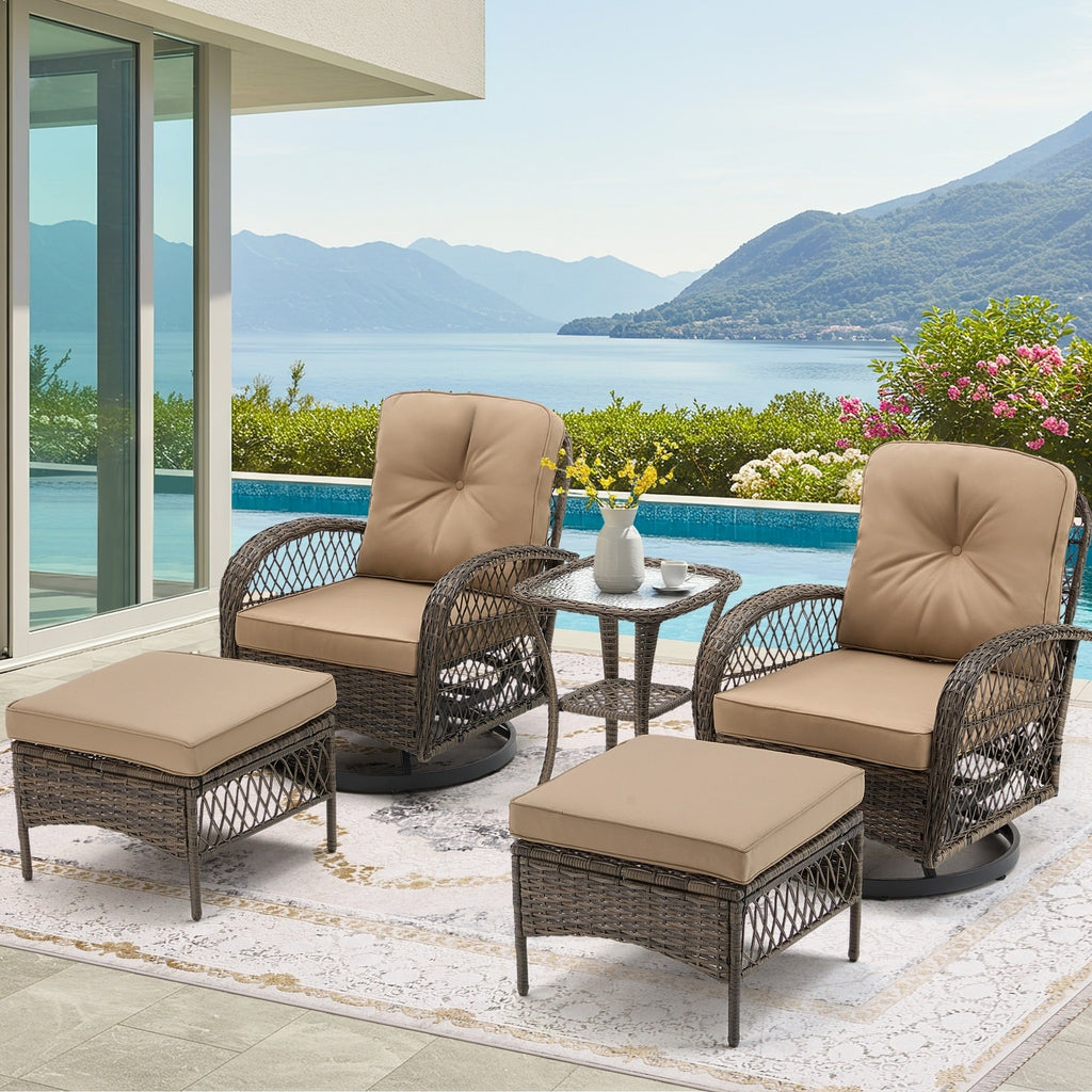 Erommy Outdoor 360° Swivel Rocking Patio Chairs Set with Thickened Cushions, Tempered Glass Coffee Table for Backyard, Garden
