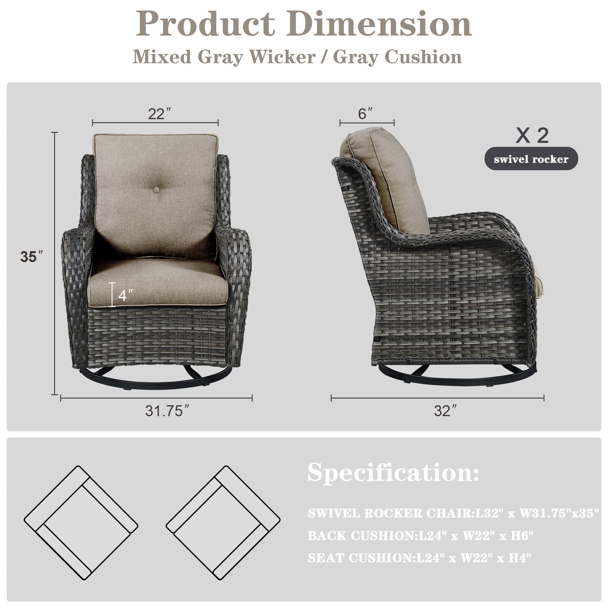Gymojoy Outdoor Wicker Rocking Lounge Chairs with Swivel Base (Set of 2)