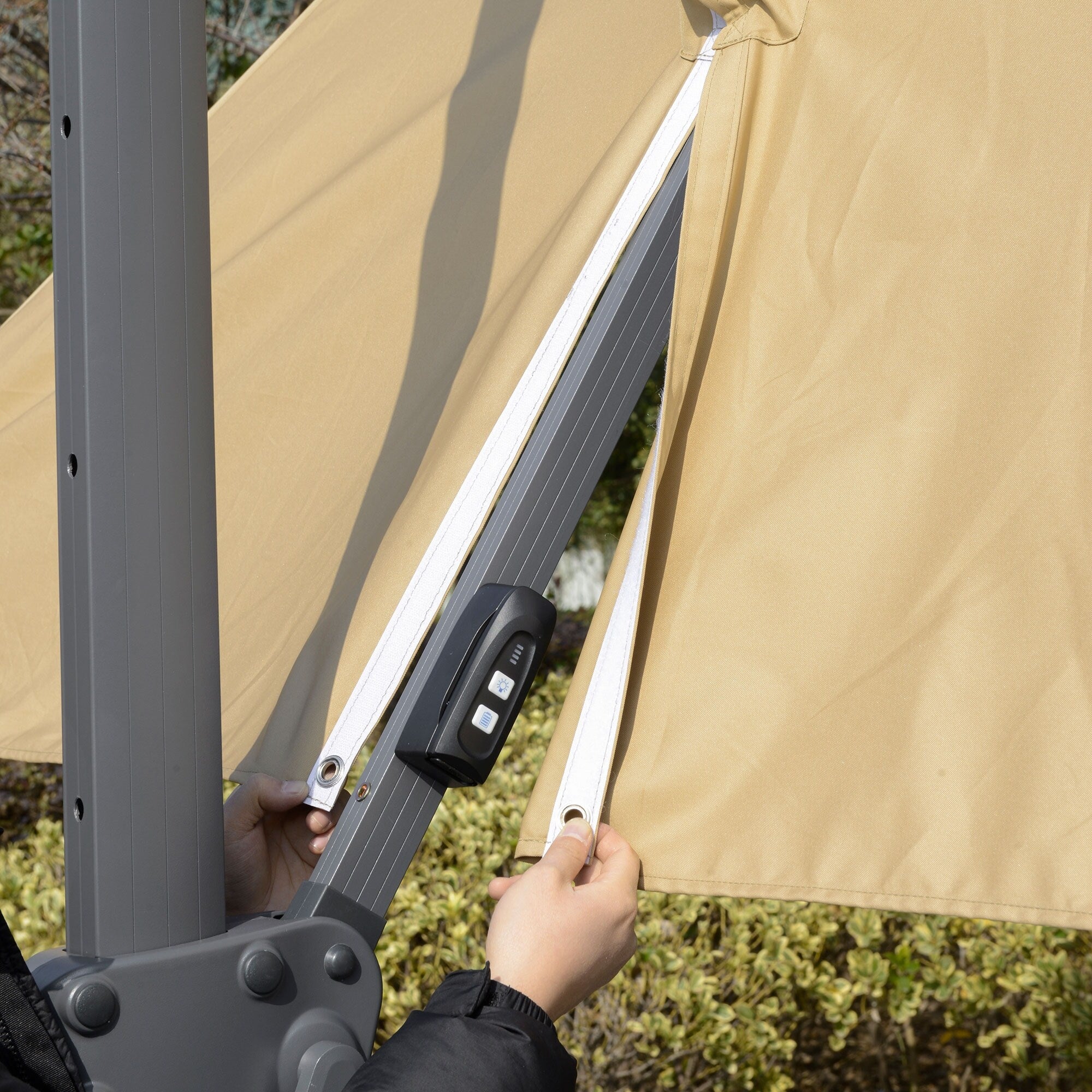 Outsunny 10ft Solar LED Patio Umbrella, Offset Hanging Umbrella with 360° Rotation, Cross Base, 8 Ribs, Tilt and Crank
