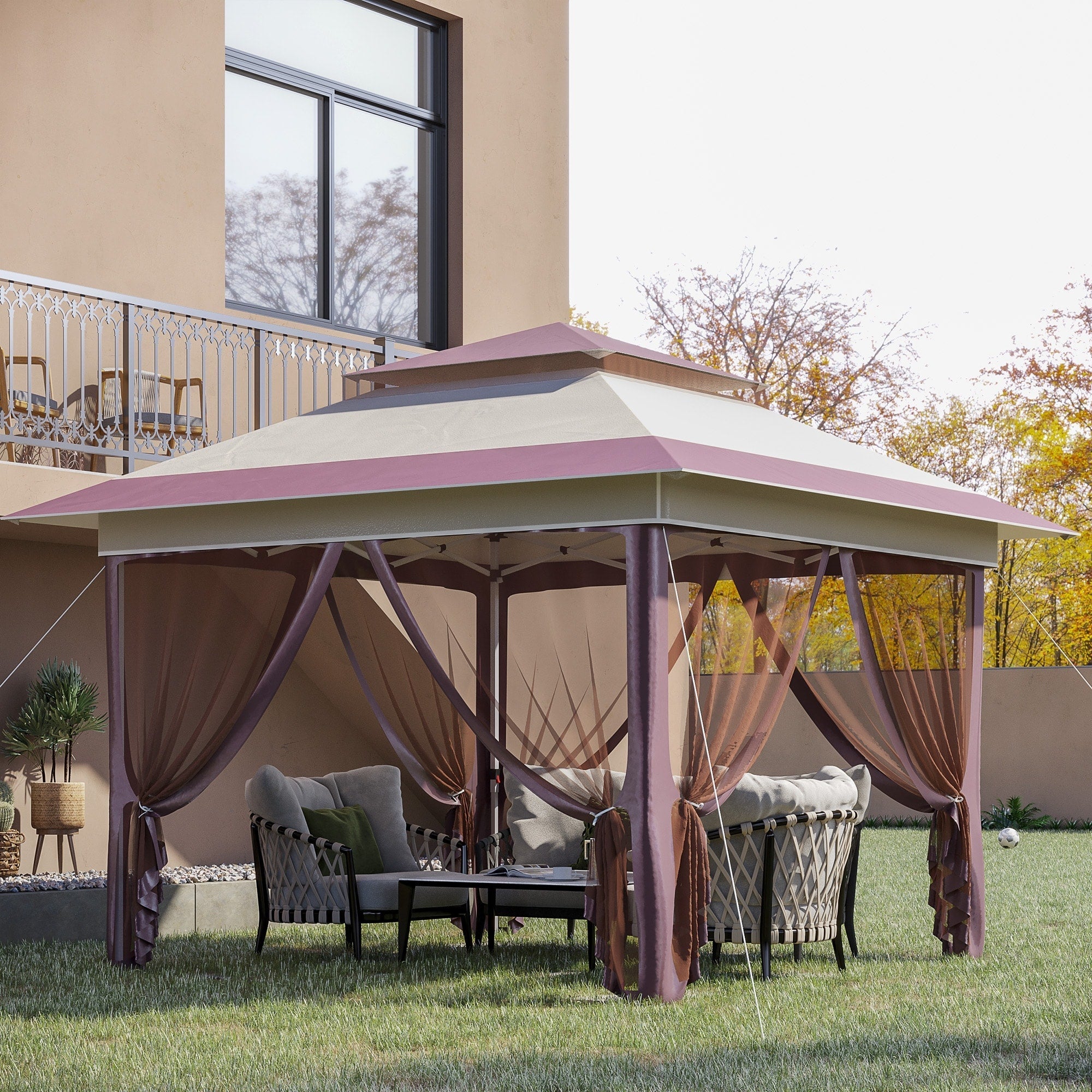 Outsunny 12' x 12' Pop Up Canopy Sun Shade Instant Tent Folding with Mesh Sidewall Netting, 3-Level Adjustable Height
