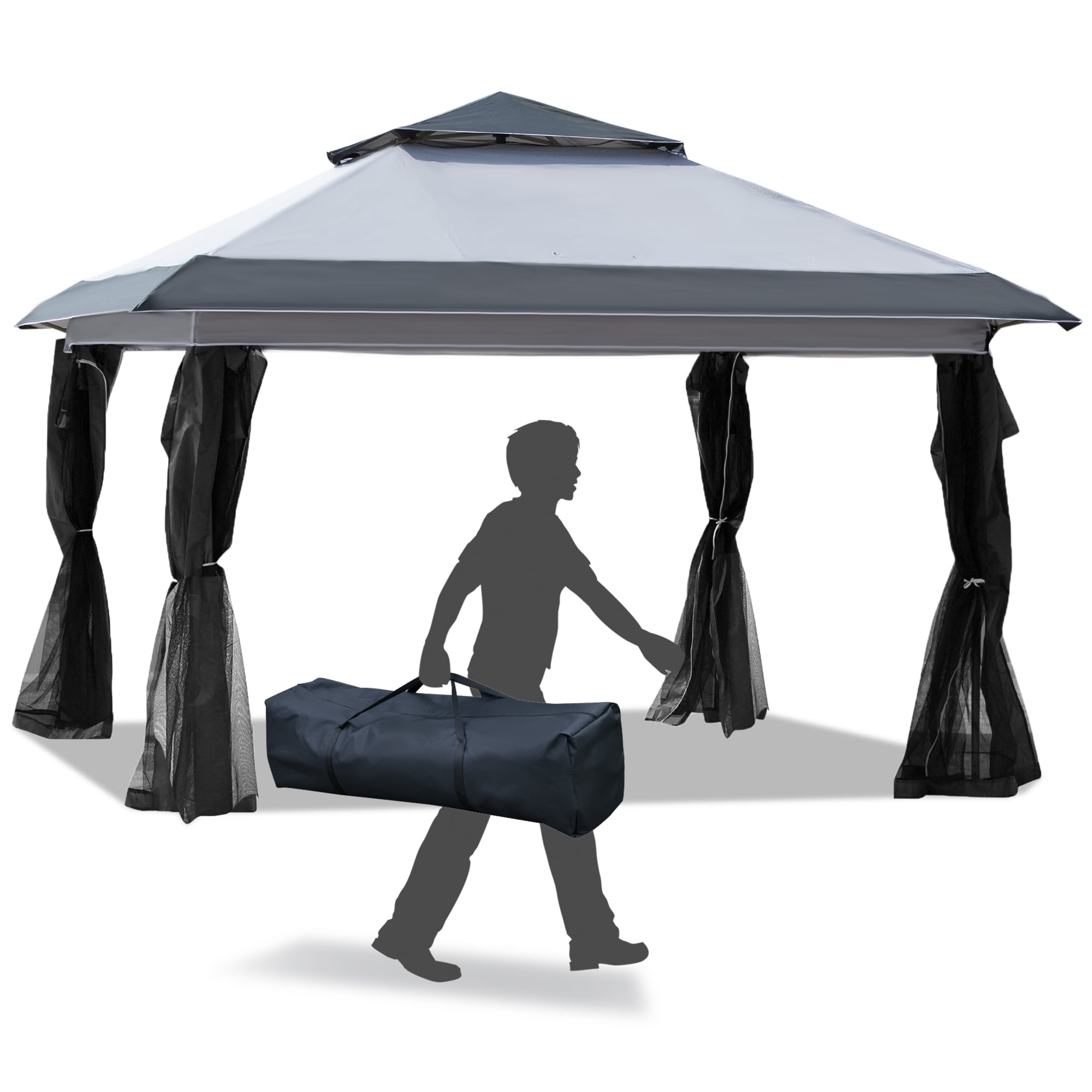 Outsunny 12' x 12' Pop Up Canopy Sun Shade Instant Tent Folding with Mesh Sidewall Netting, 3-Level Adjustable Height