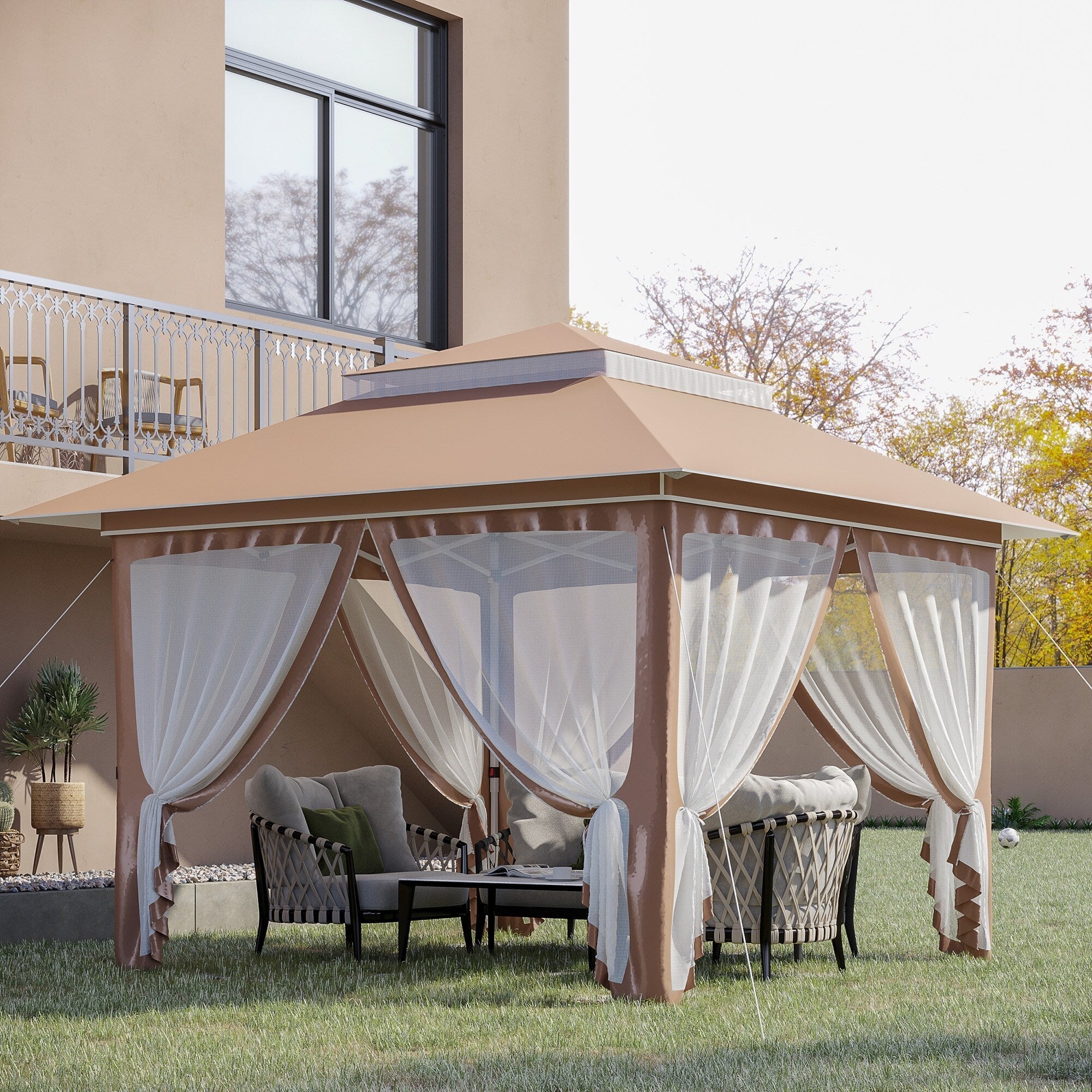 Outsunny 12' x 12' Pop Up Canopy Sun Shade Instant Tent Folding with Mesh Sidewall Netting, 3-Level Adjustable Height