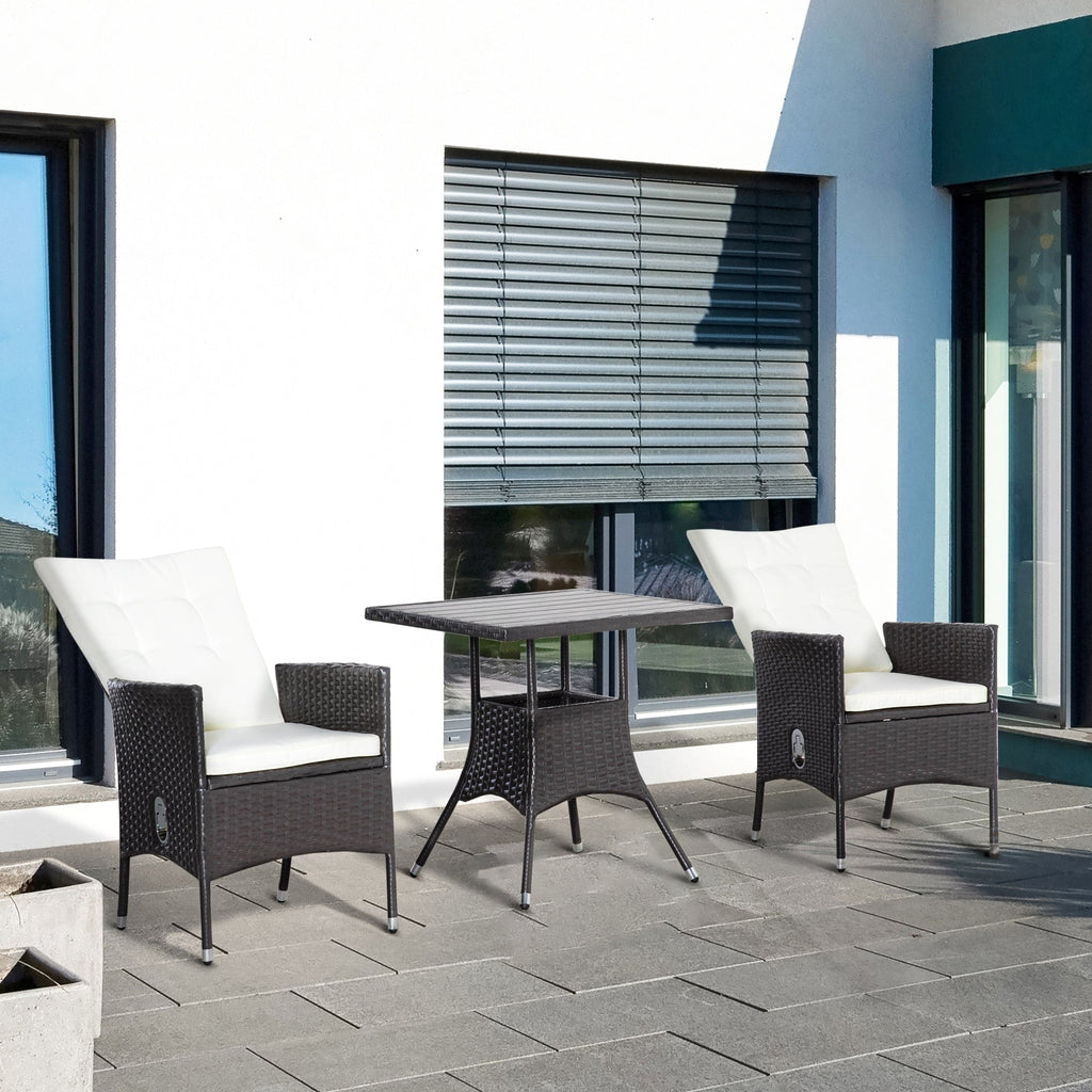 Outsunny 3 Pieces Patio PE Rattan Sofa Set, Outdoor Recliner Chairs Wood Grain plastic Top Coffee Table