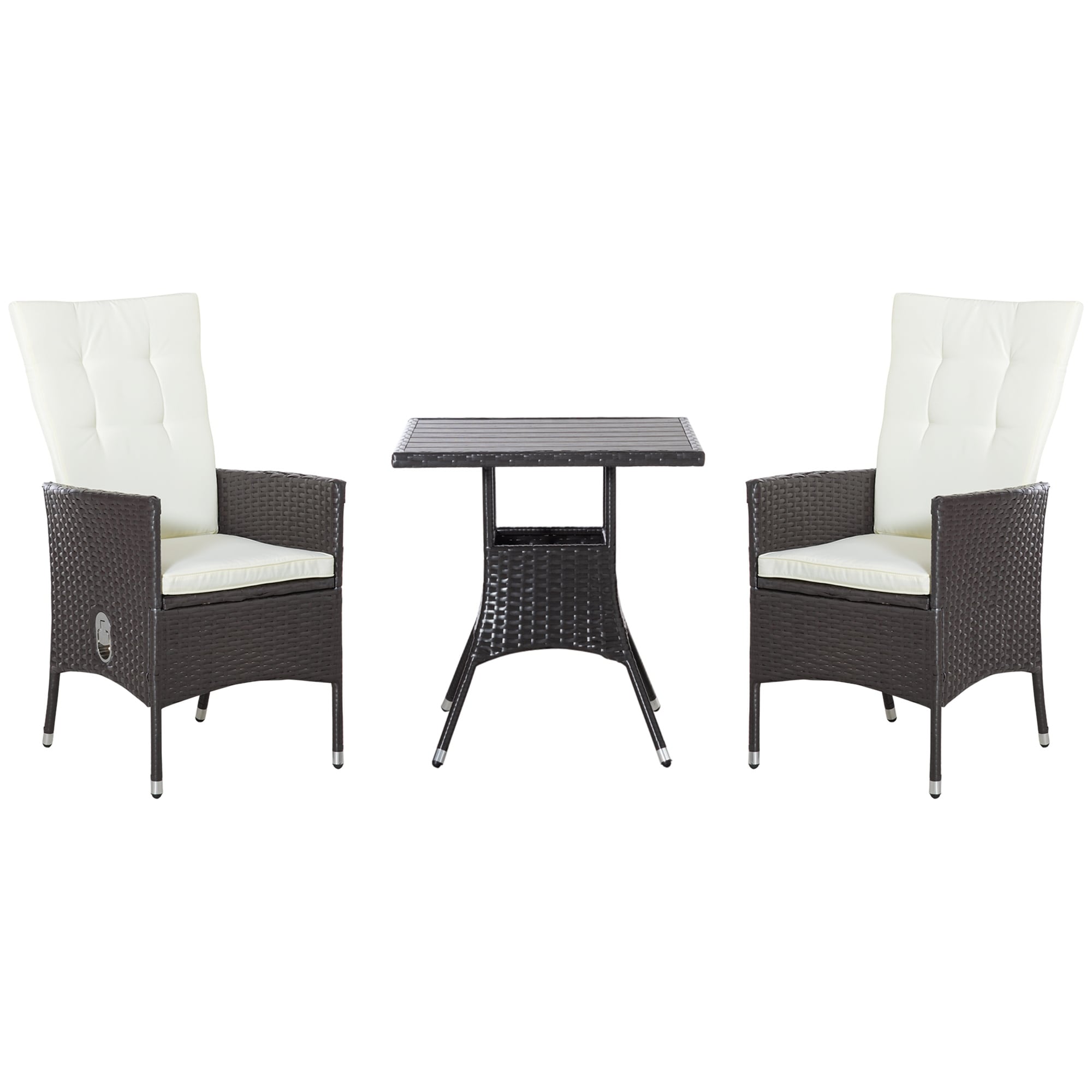 Outsunny 3 Pieces Patio PE Rattan Sofa Set, Outdoor Recliner Chairs Wood Grain plastic Top Coffee Table
