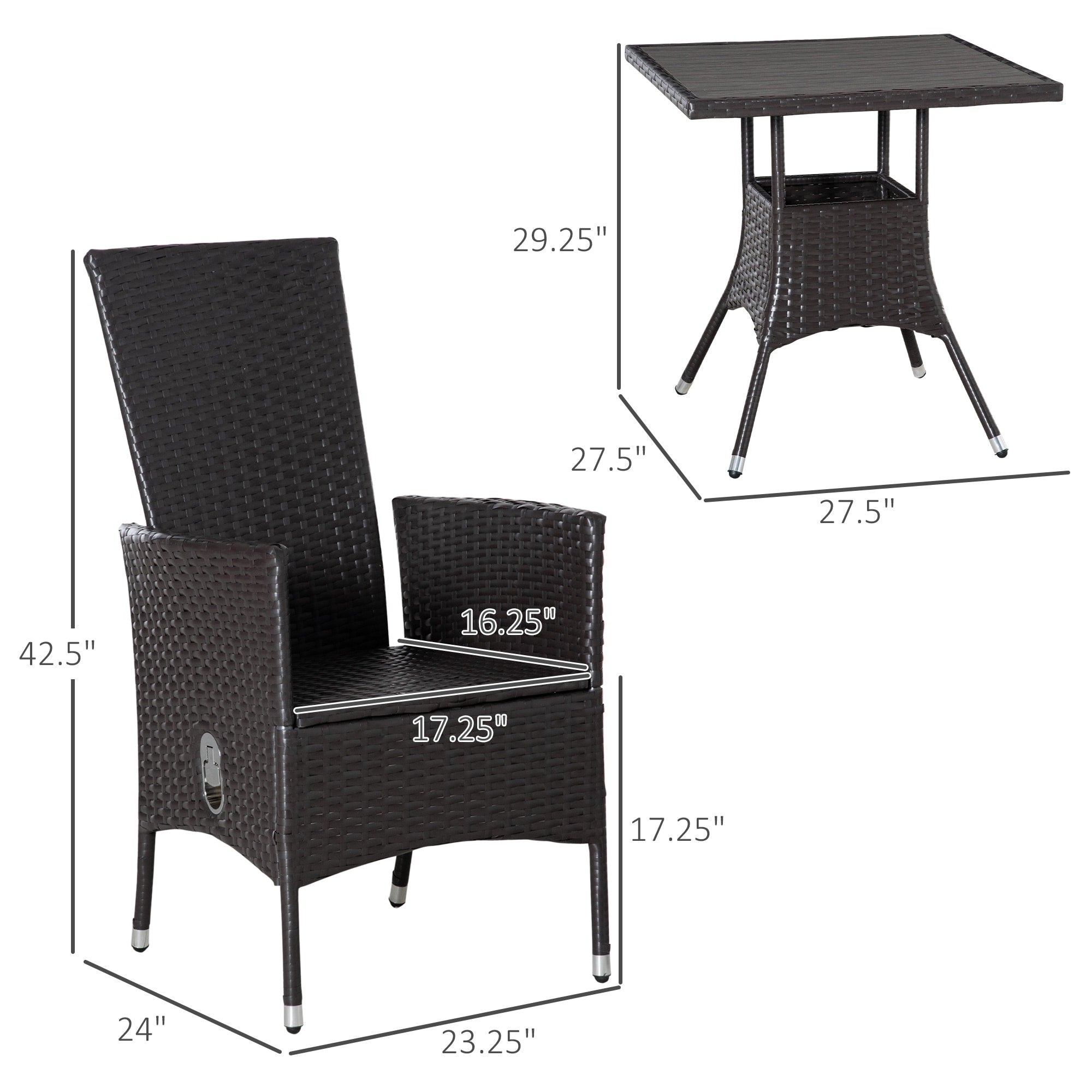 Outsunny 3 Pieces Patio PE Rattan Sofa Set, Outdoor Recliner Chairs Wood Grain plastic Top Coffee Table
