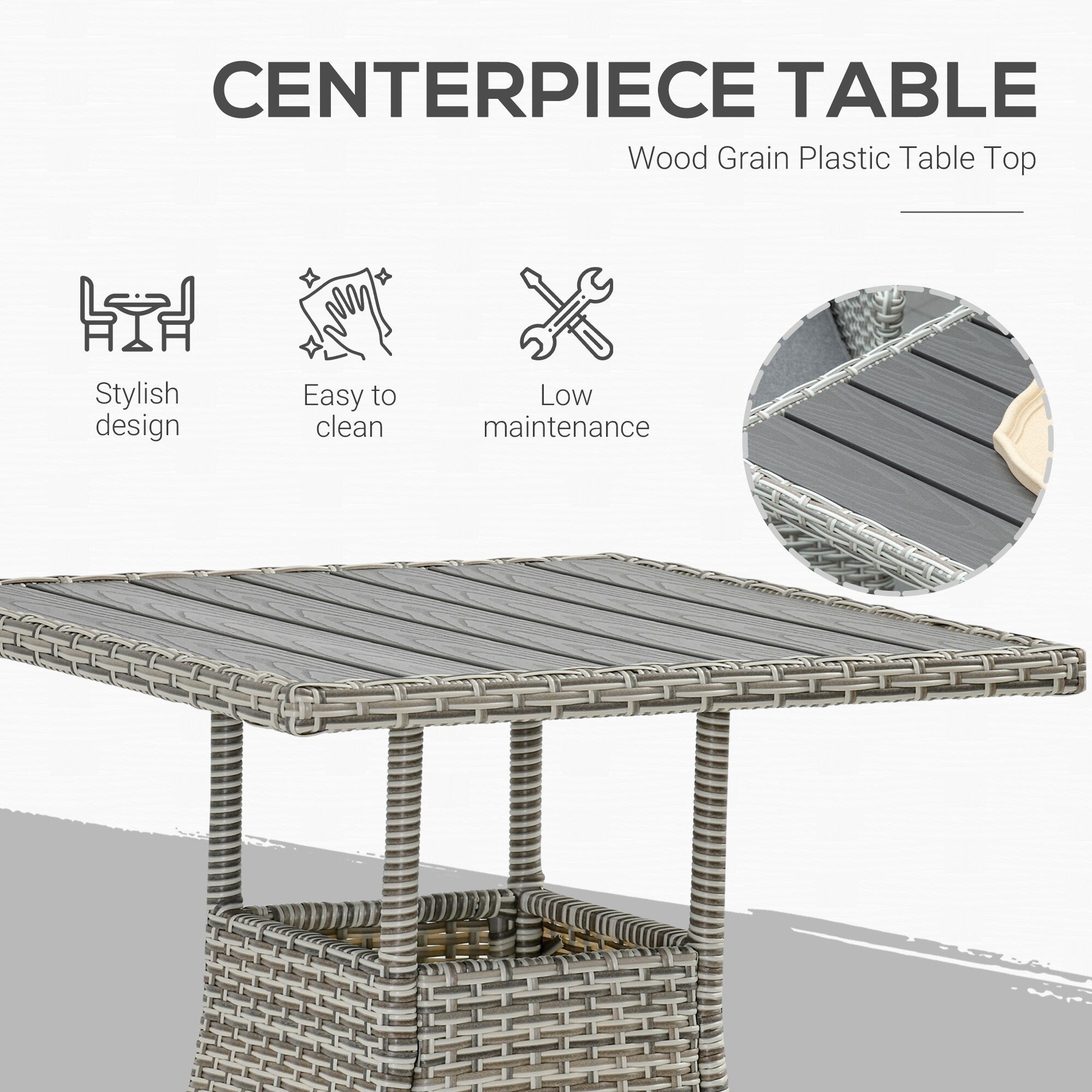Outsunny 3 Pieces Patio PE Rattan Sofa Set, Outdoor Recliner Chairs Wood Grain plastic Top Coffee Table
