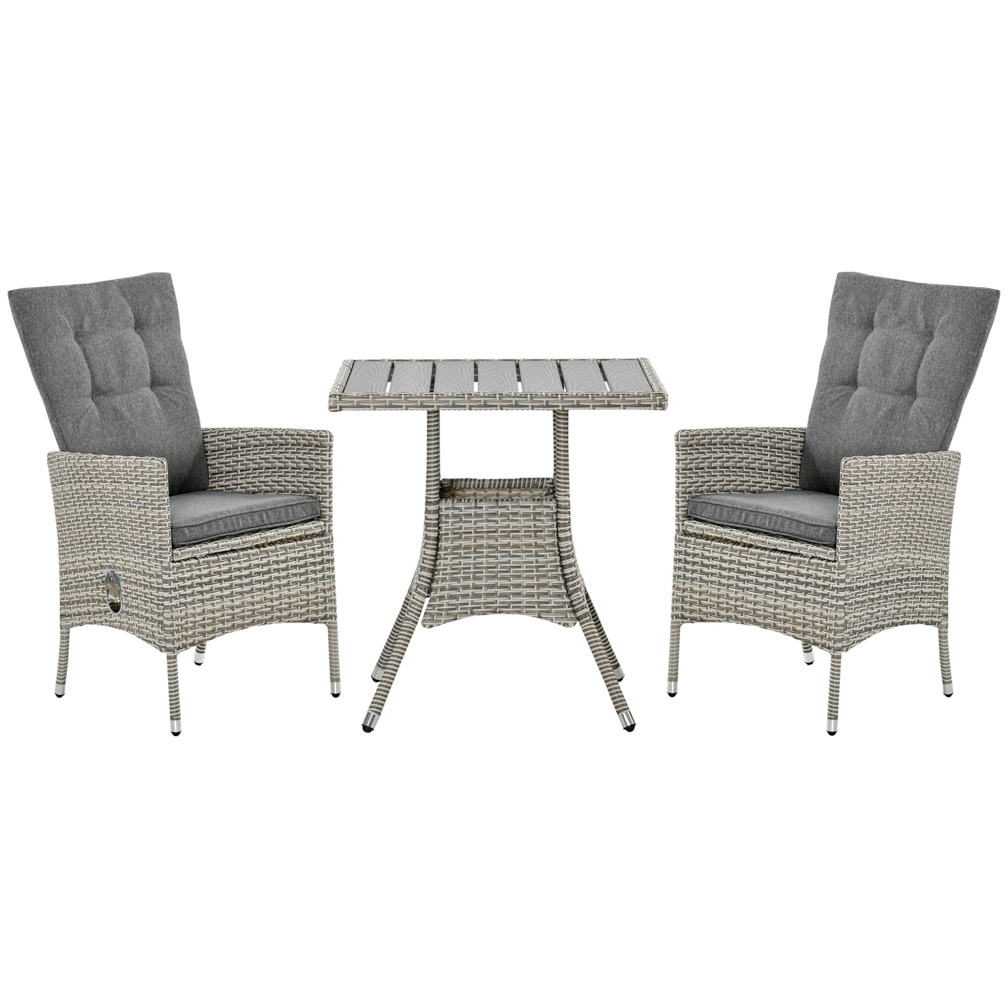 Outsunny 3 Pieces Patio PE Rattan Sofa Set, Outdoor Recliner Chairs Wood Grain plastic Top Coffee Table
