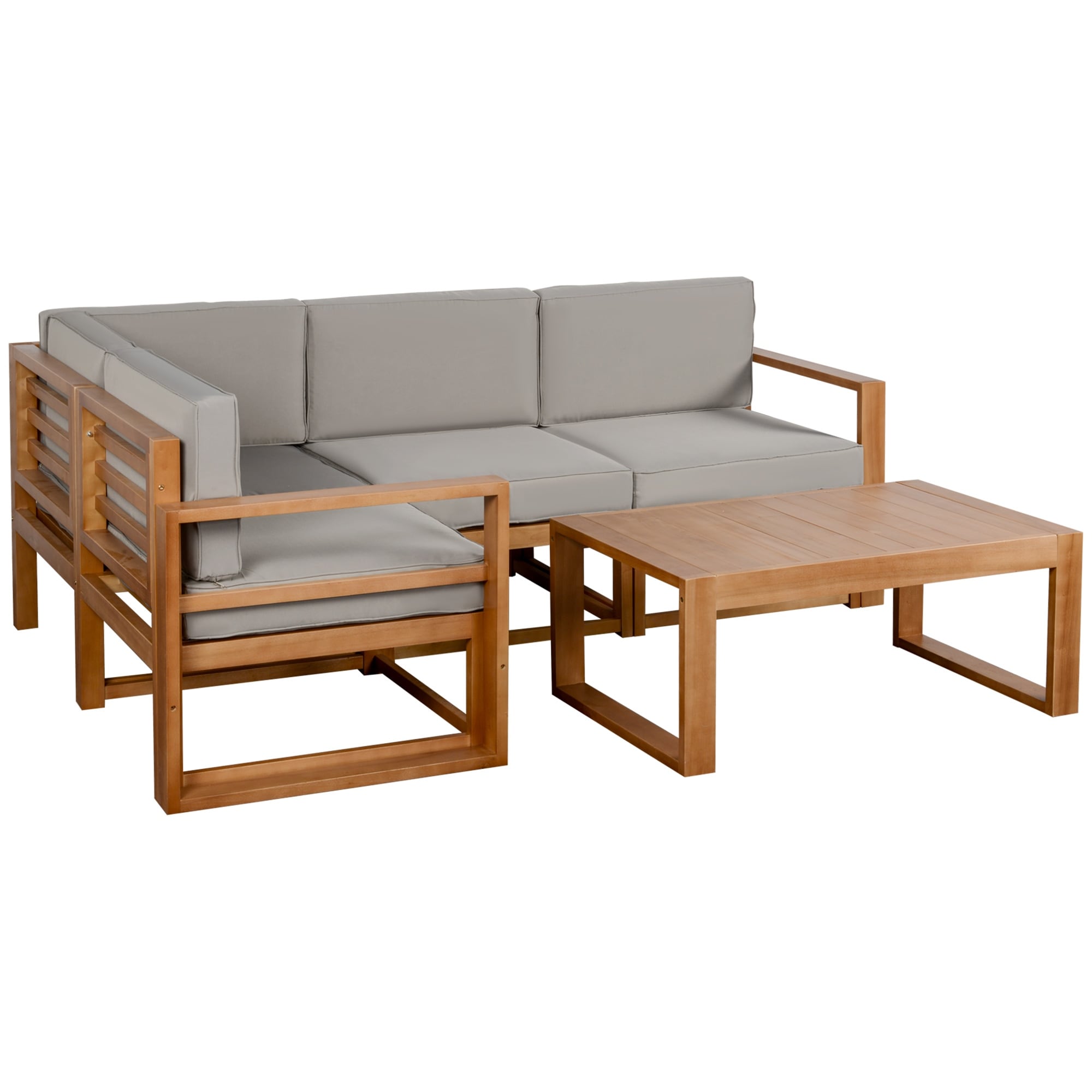 Outsunny 5 PCS L Shaped Patio Furniture Set, Wood Outdoor Sectional Sofa Conversation Set, Grey