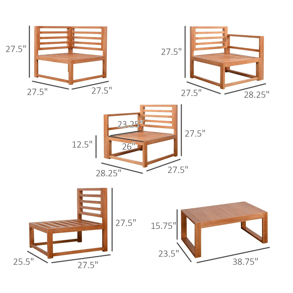 Outsunny 5 PCS L Shaped Patio Furniture Set, Wood Outdoor Sectional Sofa Conversation Set, Grey