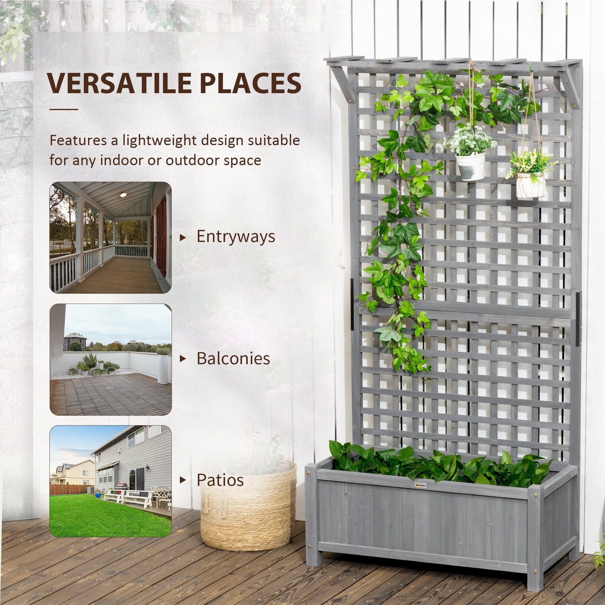 Outsunny Wood Planter with Trellis, Raised Garden Bed for Climbing Plants w/ Drainage Holes and Roof
