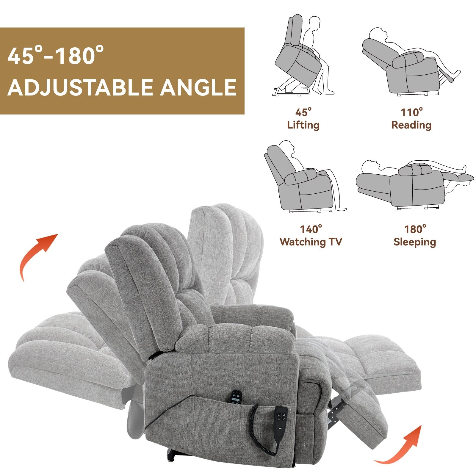 Oversized Chenille Power Lift Recliner Chair with Massage and Lumbar Heating, Infinite Position Reclining